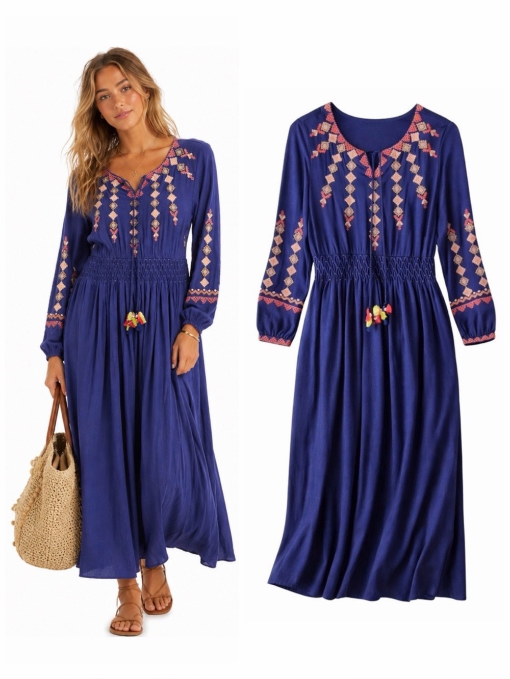 Soft Surroundings Embroidered Boho Midi Dress S Navy Smocked Folk Petite